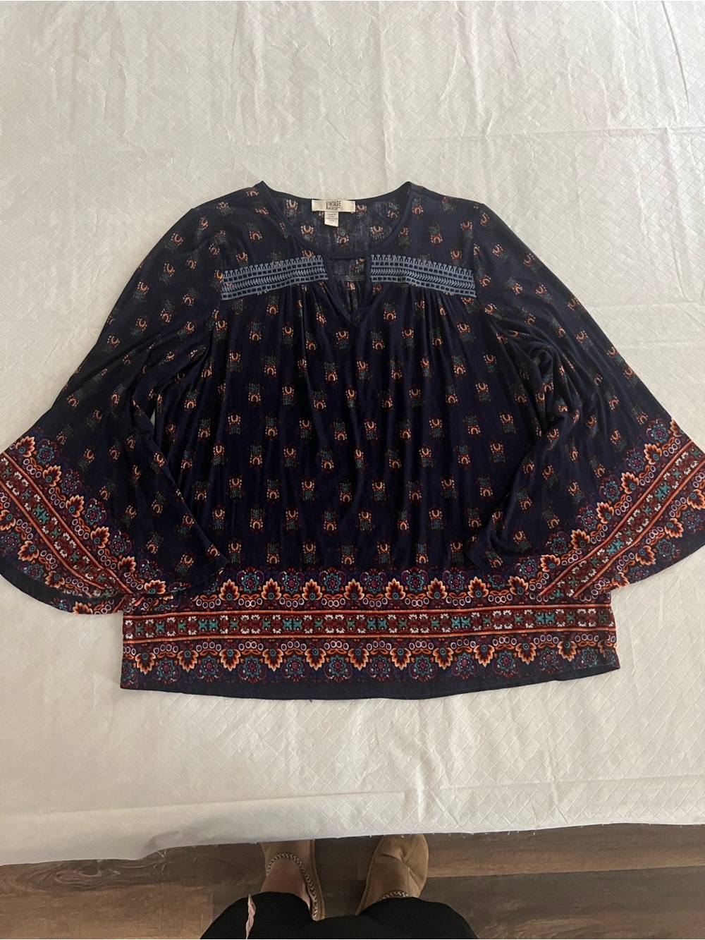 Vintage America Navy Peasant Tunic with Orange & Light Blue Border